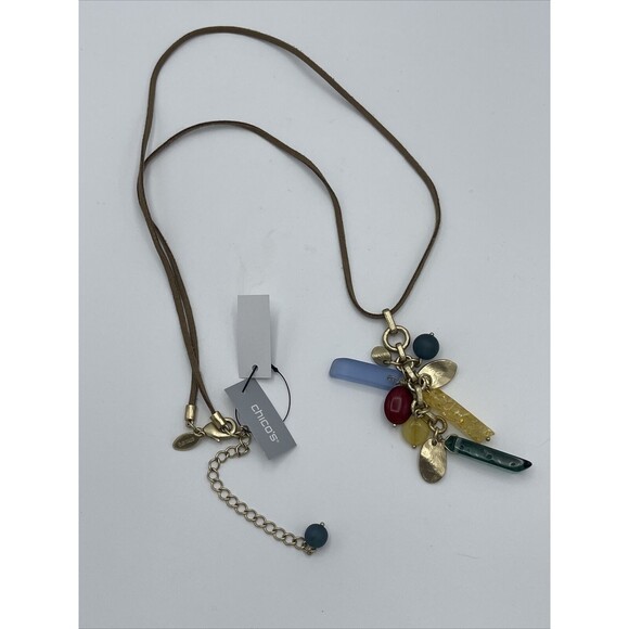 Chicos Long Leather Cord With Colorful Cluster Pendant New - Picture 3 of 7